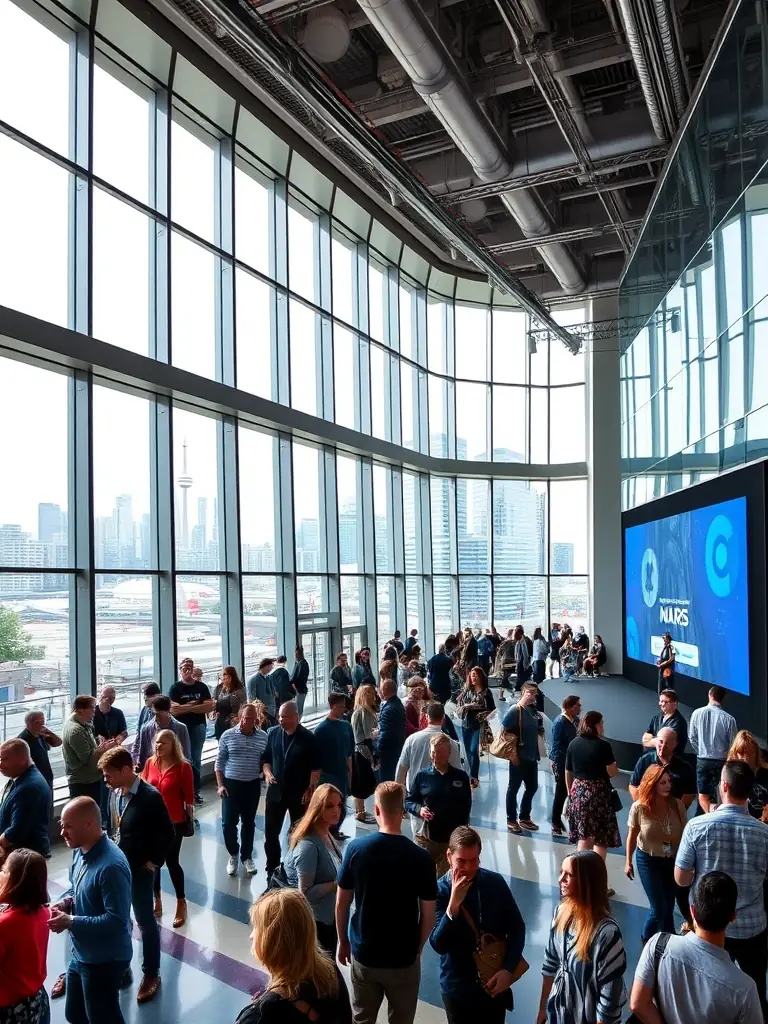 A photograph of the MaRS Discovery District in Toronto, Canada, during a tech conference, with attendees networking and a speaker presenting on stage. The image should convey innovation and collaboration.