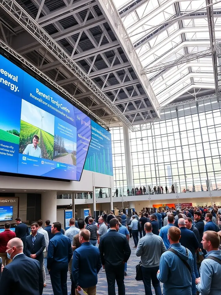 A photograph of the Calgary TELUS Convention Centre, depicting a dynamic scene from an energy tech conference, with discussions on renewable energy and smart grid technologies.
