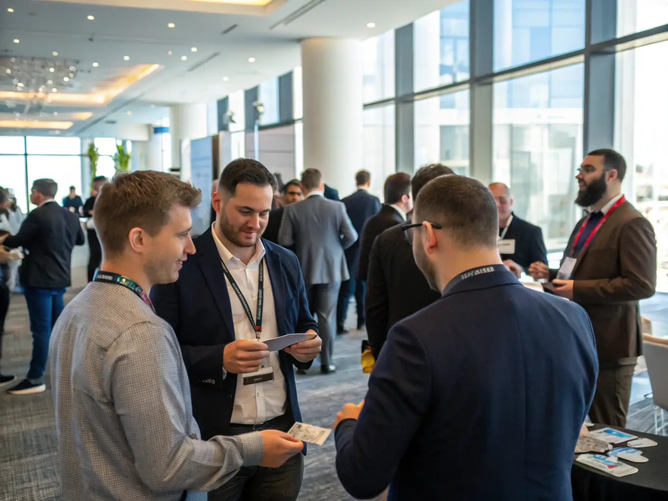A photograph of a networking event at a blockchain conference, showing attendees exchanging business cards and engaging in conversations, with blockchain-related graphics projected on a screen in the background.