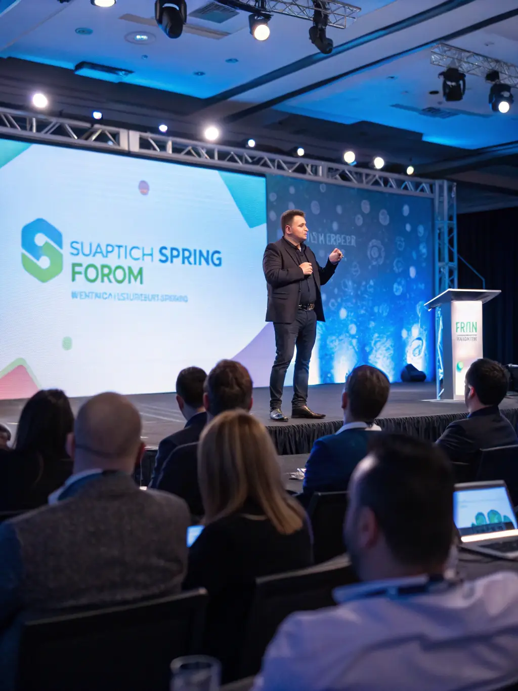 A photograph of a corporate event in Vancouver, Canada, showcasing a keynote speaker addressing a large audience with engaging visuals.