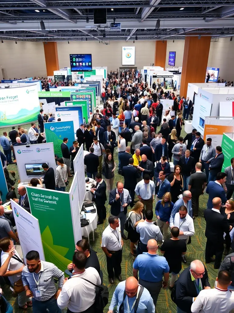 A photograph of the Vancouver Convention Centre, showcasing a bustling scene from a clean technology conference, with exhibits and presentations on sustainable solutions.