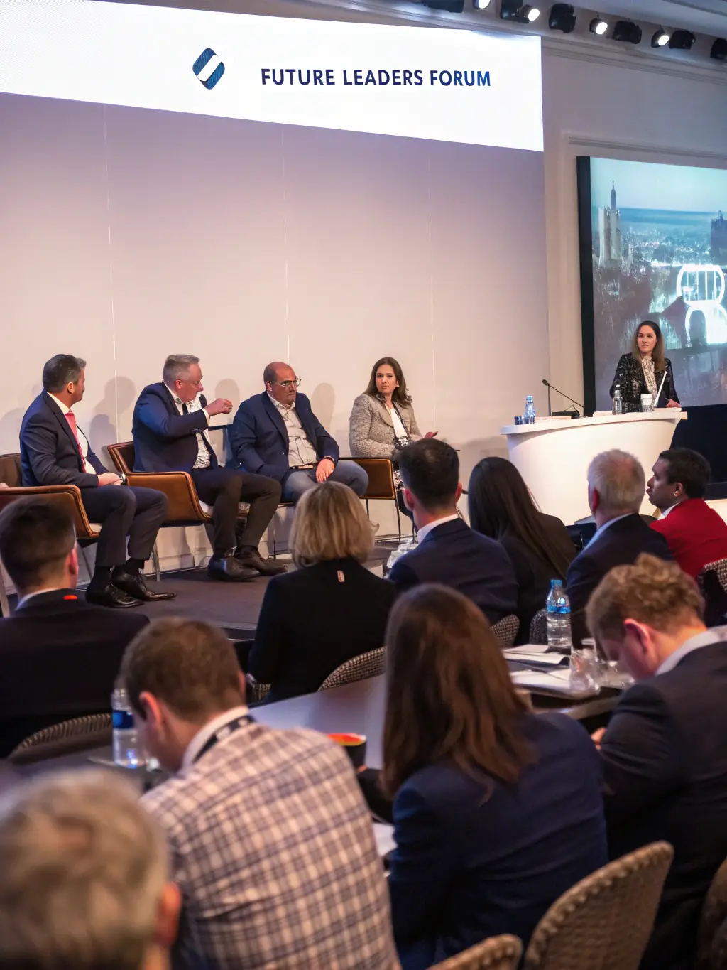 A professional photograph of a panel discussion at the 'Corporate Tech Forum' in Montreal, Canada, featuring industry leaders.
