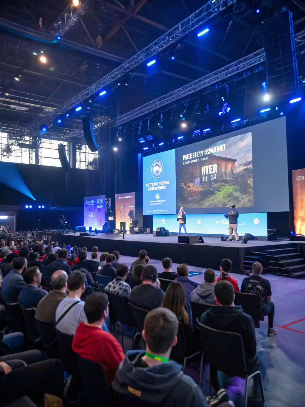 A photograph of the Palais des congrès de Montréal, highlighting a vibrant scene from a gaming and interactive media conference, with developers showcasing their latest creations.