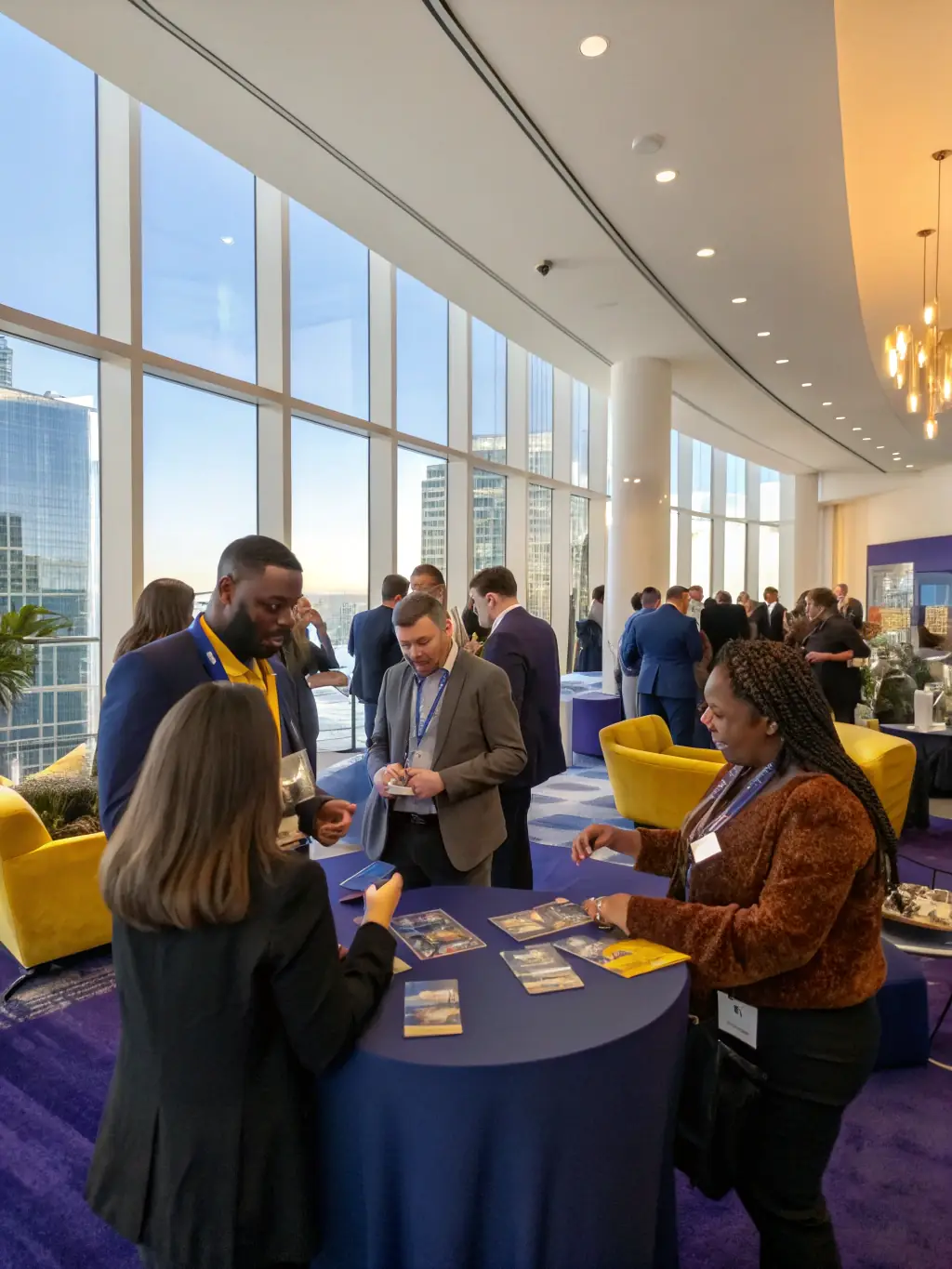 A vibrant image of a networking event at the 'Startup Ignition' conference in Vancouver, Canada, showing entrepreneurs exchanging ideas.
